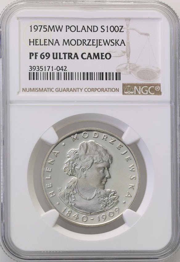 PRL. 100 złotych 1975 Modrzejewska NGC PF69 ULTRA CAMEO (2 MAX)